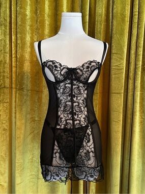 Kilo Brava Sheer Black Lace Chemise with Underwire Support and Panties